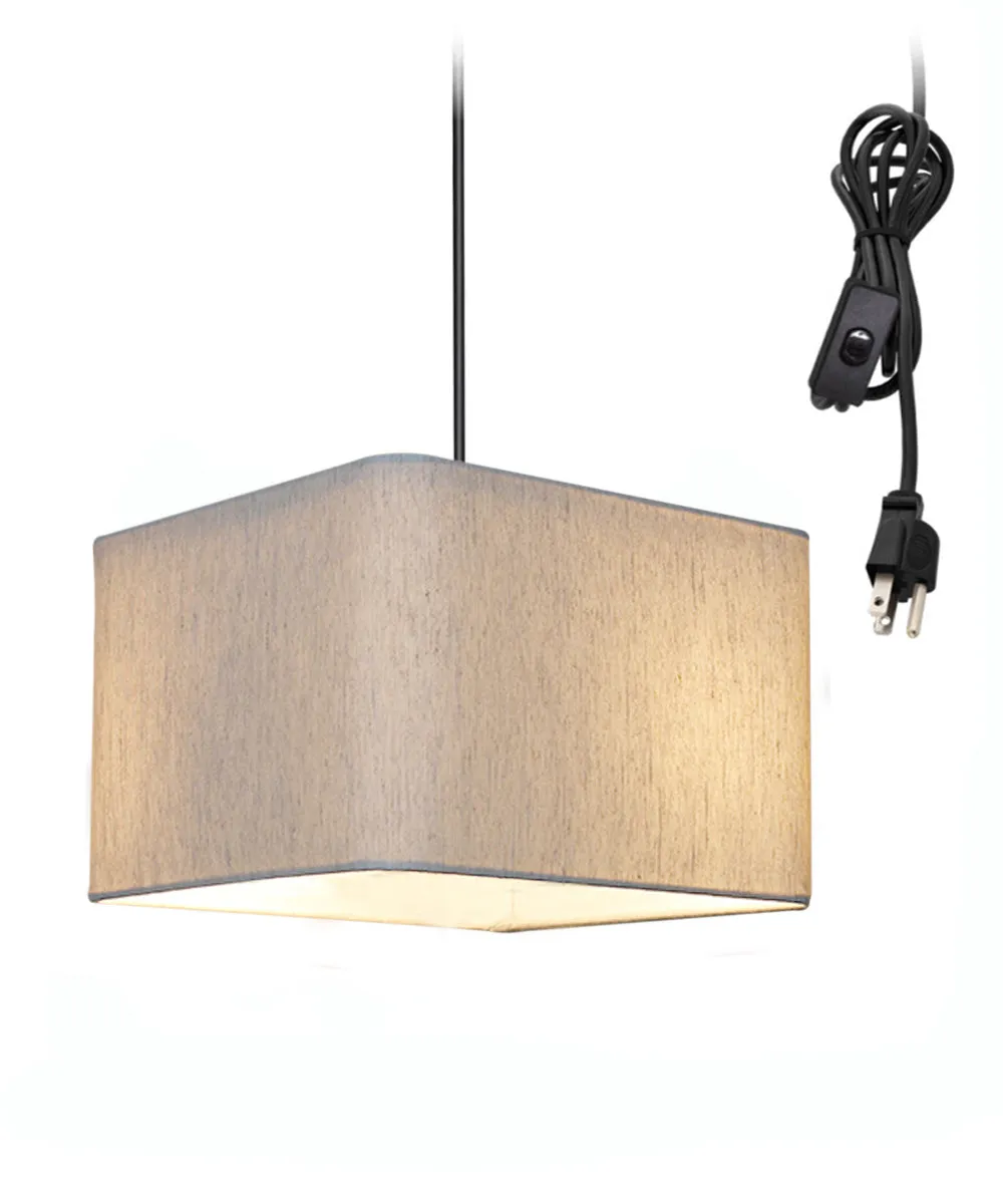 1 Light Swag Plug-In Pendant 14"w Rounded Corner Square Oatmeal Drum Shade, Black Cord