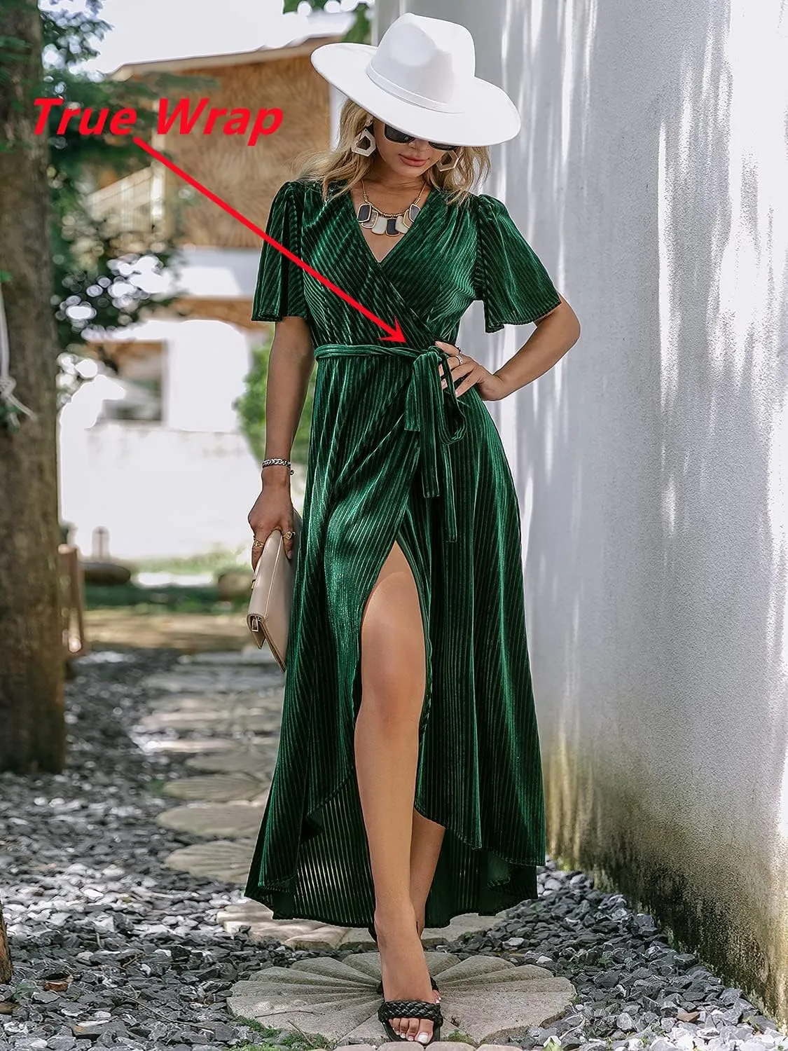 BerryGo Women's Velvet V Neck Wrap Semi Formal Dress Cocktail Party Maxi Dress for Wedding Guest