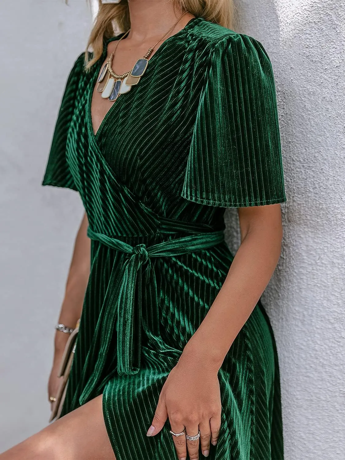 BerryGo Women's Velvet V Neck Wrap Semi Formal Dress Cocktail Party Maxi Dress for Wedding Guest