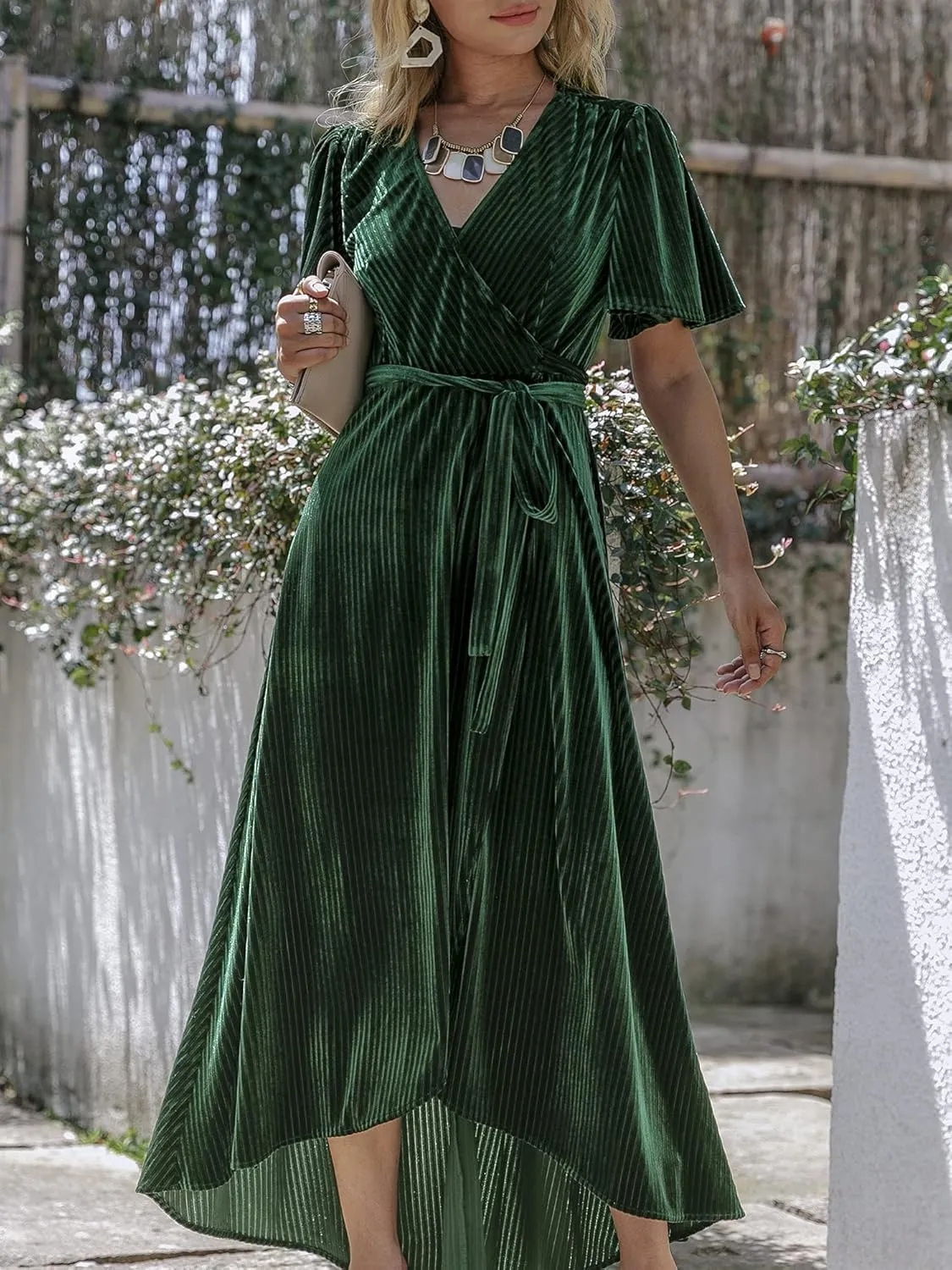 BerryGo Women's Velvet V Neck Wrap Semi Formal Dress Cocktail Party Maxi Dress for Wedding Guest