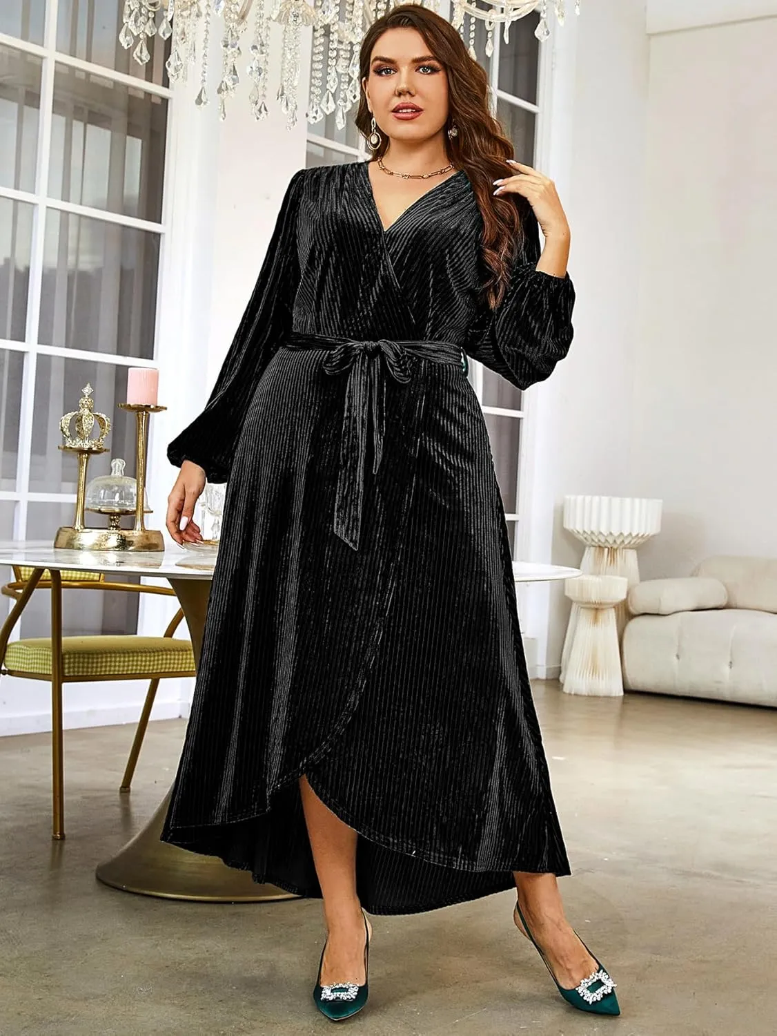 BerryGo Women's Velvet V Neck Wrap Semi Formal Dress Cocktail Party Maxi Dress for Wedding Guest