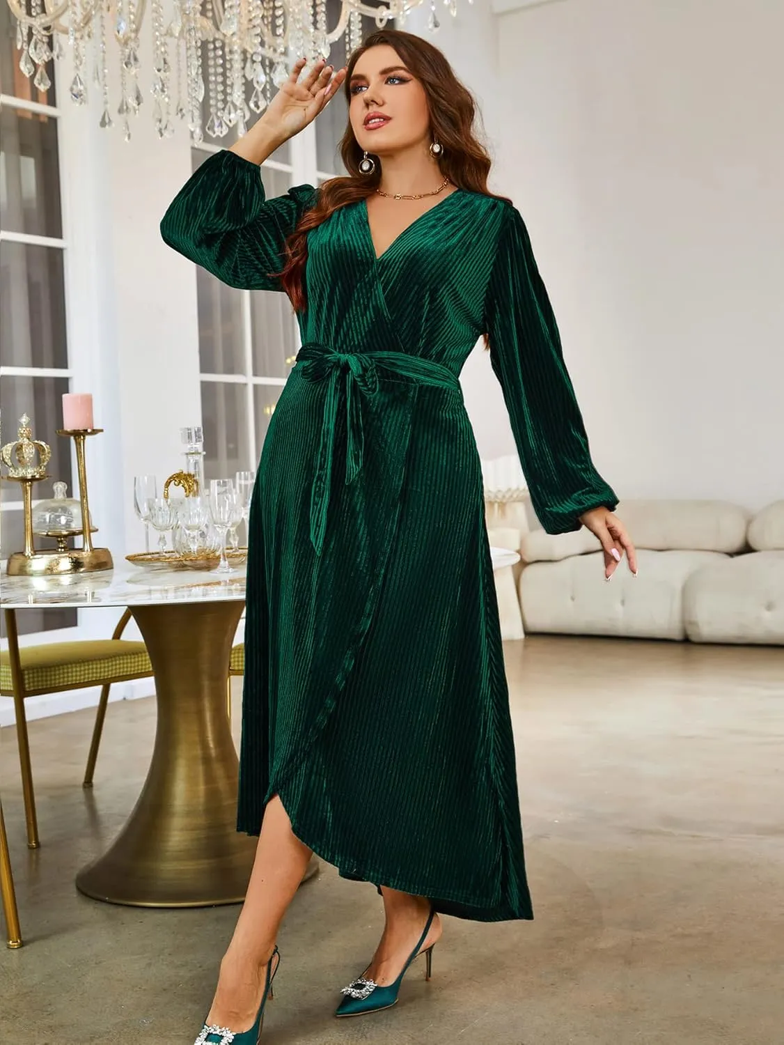 BerryGo Women's Velvet V Neck Wrap Semi Formal Dress Cocktail Party Maxi Dress for Wedding Guest