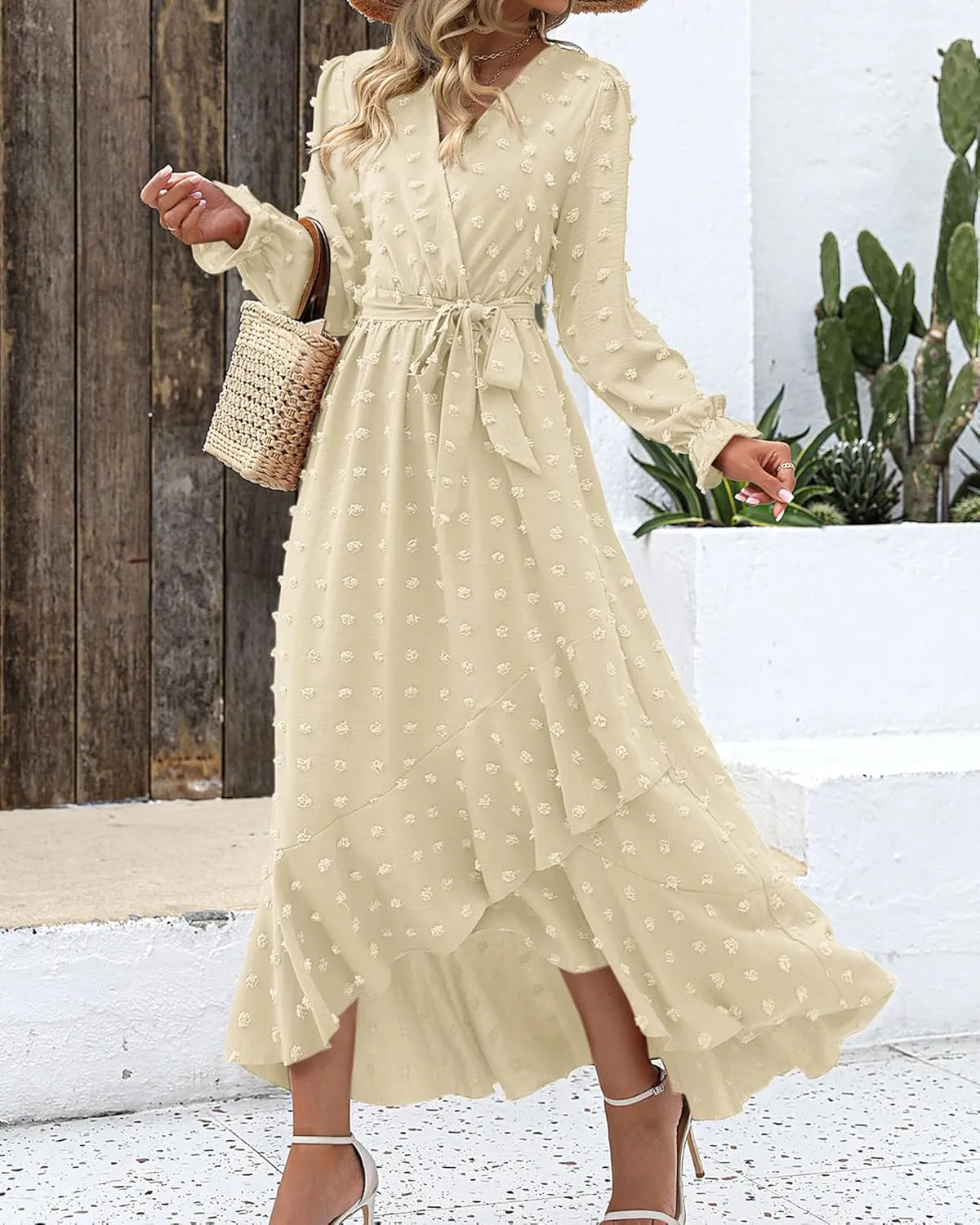 BTFBM Womens Boho Cocktail Maxi Dress Fall Fashion 2025 V Neck Long Sleeve Swiss Dot Flowy Slit Wedding Guest Dresses