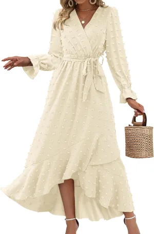 BTFBM Womens Boho Cocktail Maxi Dress Fall Fashion 2025 V Neck Long Sleeve Swiss Dot Flowy Slit Wedding Guest Dresses