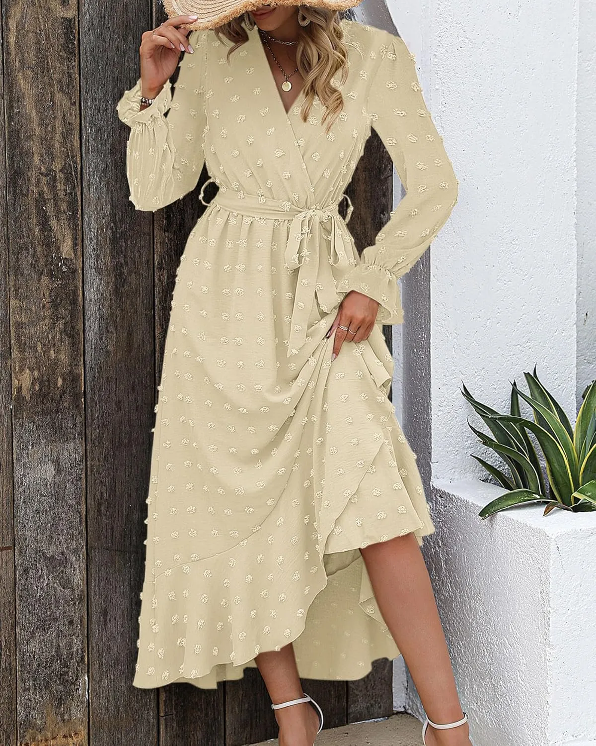BTFBM Womens Boho Cocktail Maxi Dress Fall Fashion 2025 V Neck Long Sleeve Swiss Dot Flowy Slit Wedding Guest Dresses