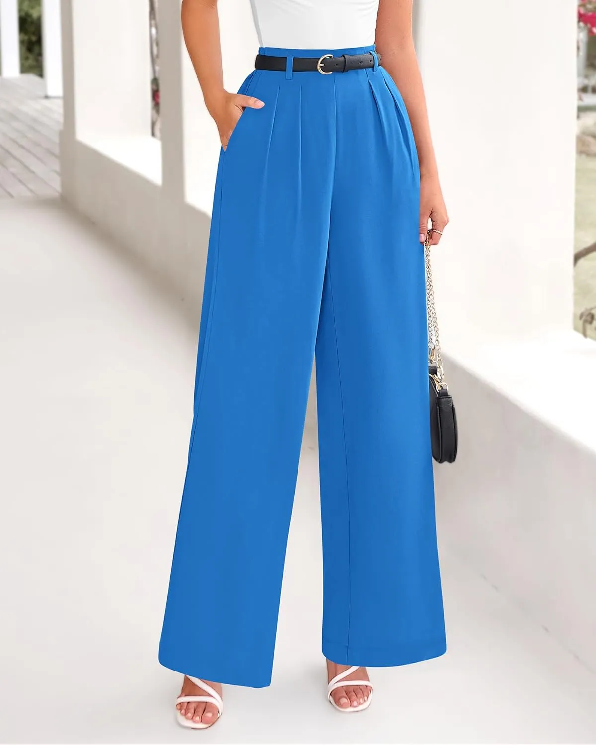 BTFBM Women's Elegant Flowy Dress Pants Front Pleated High Waisted Casual Wide Leg Loose Palazzo Trousers with Pockets