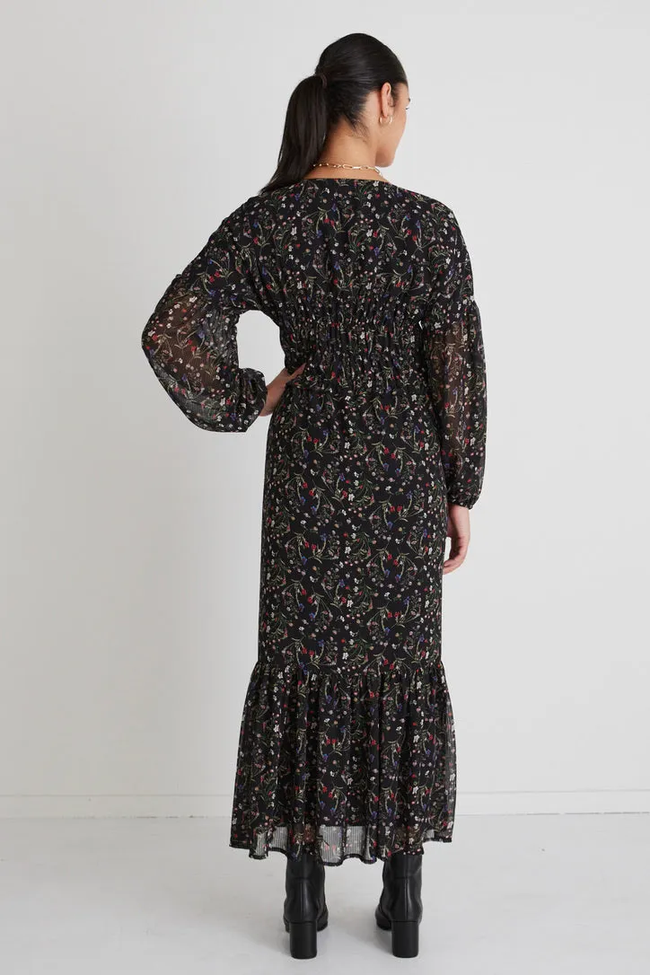Chelsea Black Garden Ls Button Front Waisted Maxi Dress