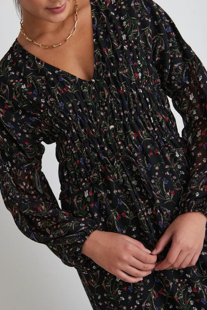 Chelsea Black Garden Ls Button Front Waisted Maxi Dress