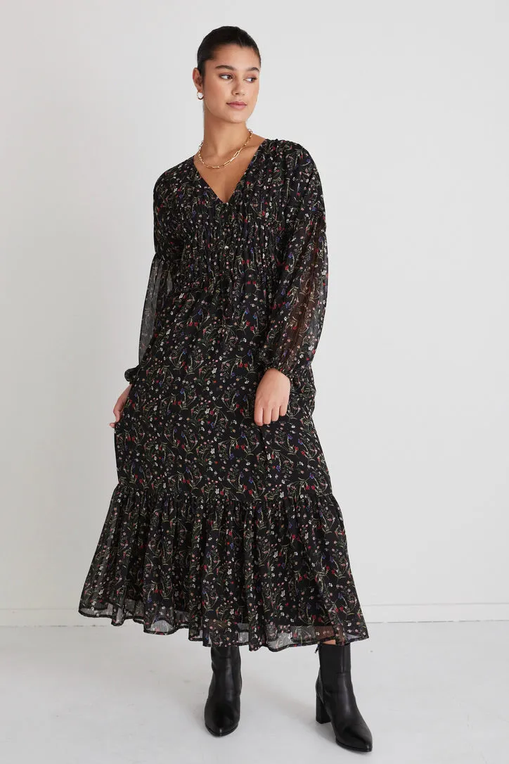 Chelsea Black Garden Ls Button Front Waisted Maxi Dress