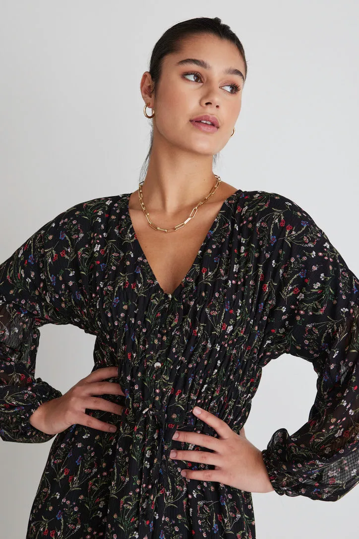 Chelsea Black Garden Ls Button Front Waisted Maxi Dress