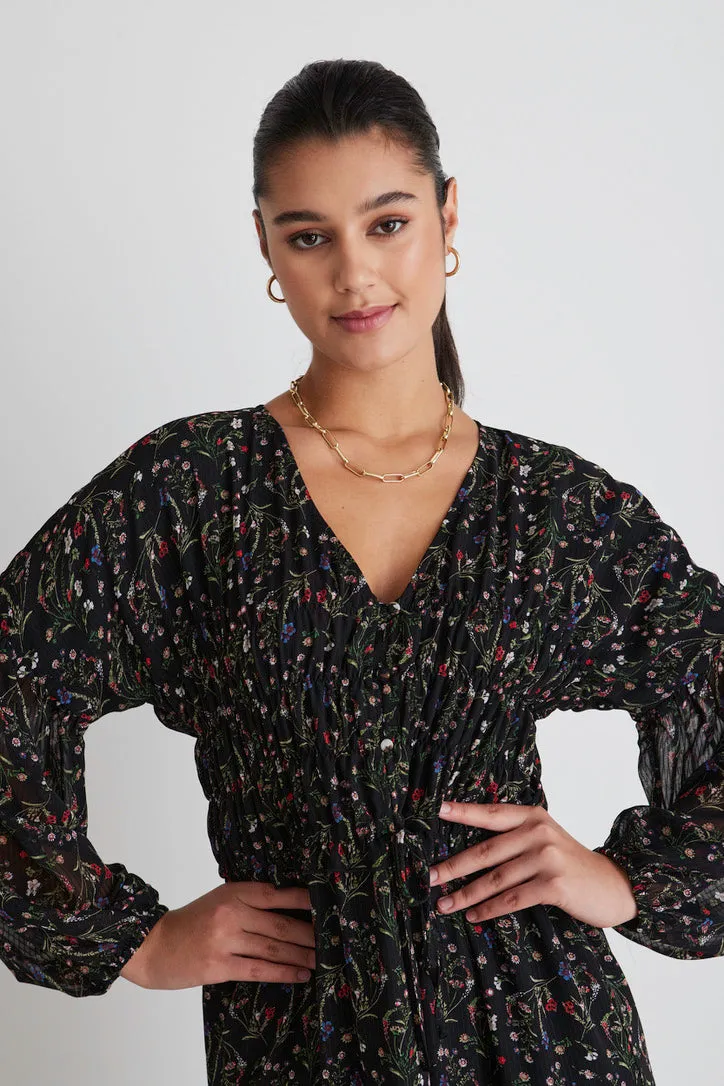 Chelsea Black Garden Ls Button Front Waisted Maxi Dress