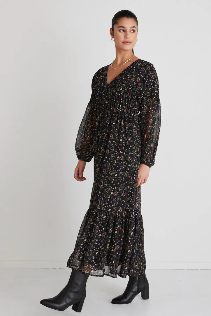 Chelsea Black Garden Ls Button Front Waisted Maxi Dress