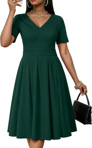 CLOCOR Womens Casual Summer Mini Dress Short Sleeve Empire Waist Dress A-Line V-Neck T-Shirt Dresses with Pocket