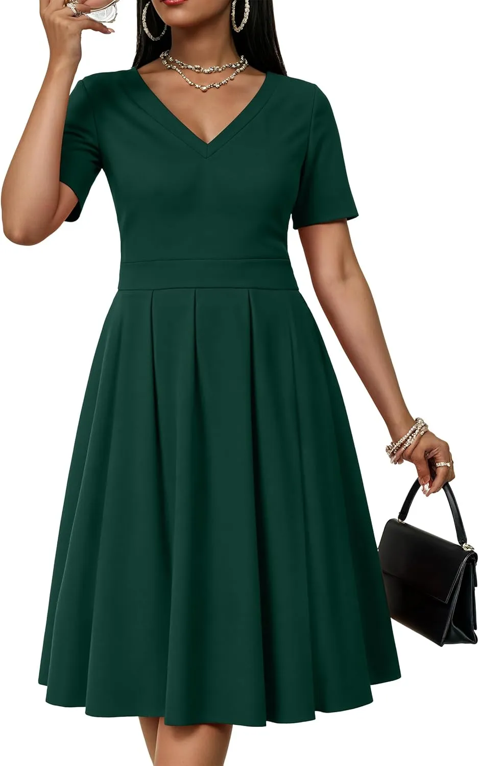 CLOCOR Womens Casual Summer Mini Dress Short Sleeve Empire Waist Dress A-Line V-Neck T-Shirt Dresses with Pocket