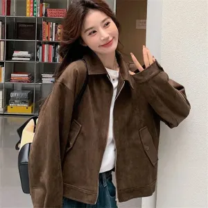cold weather outfits Joskaa 2024 New Style Coffee Color Maillard Chamois Leather Velvet Jacket For Women American Vintage Petite Cropped Top Jacket
