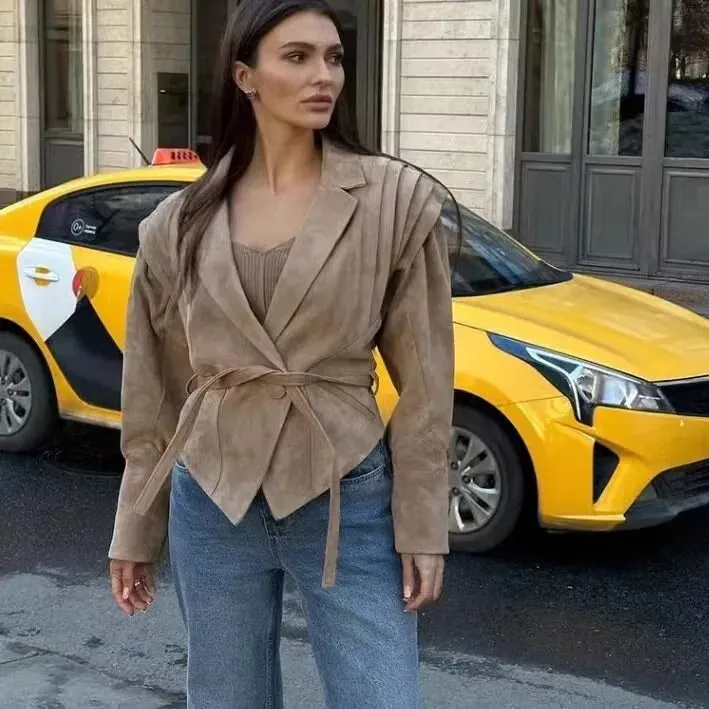 cold weather outfits Joskaa Fashionable French Design Cropped Waist-Fitted Chamois Leather Jacket New Imported Outerwear From China Perfect For All Seasons