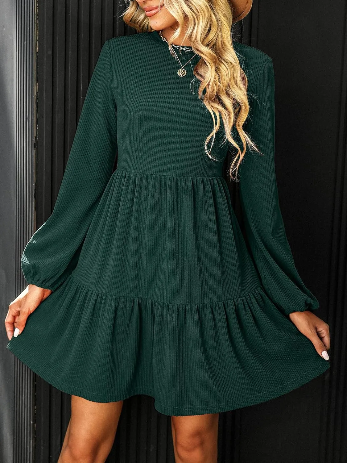 CUPSHE Women's Knitted Dresses Casual Long Sleeve Crew Neck Flowy Tiered