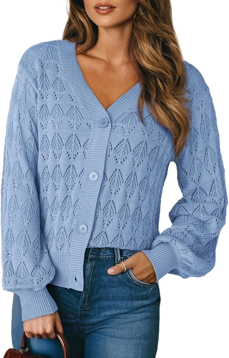 Dokotoo Cropped Cardigan Sweaters for Women Long Sleeve Crochet Knit Shrug Open Front V-Neck Button up Tops