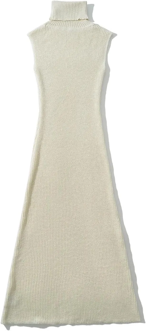efvandoloe Autumn Winter Turtleneck Knitted Sweater Dress Women Sleevless Midi Dresses
