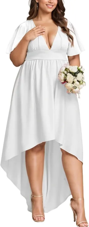 Elegant Dresses Formal Evening Cocktail Long Maxi Wedding Party Dress Sexy V Neck Ruffle Sleeve Hi Low Flowy Gowns