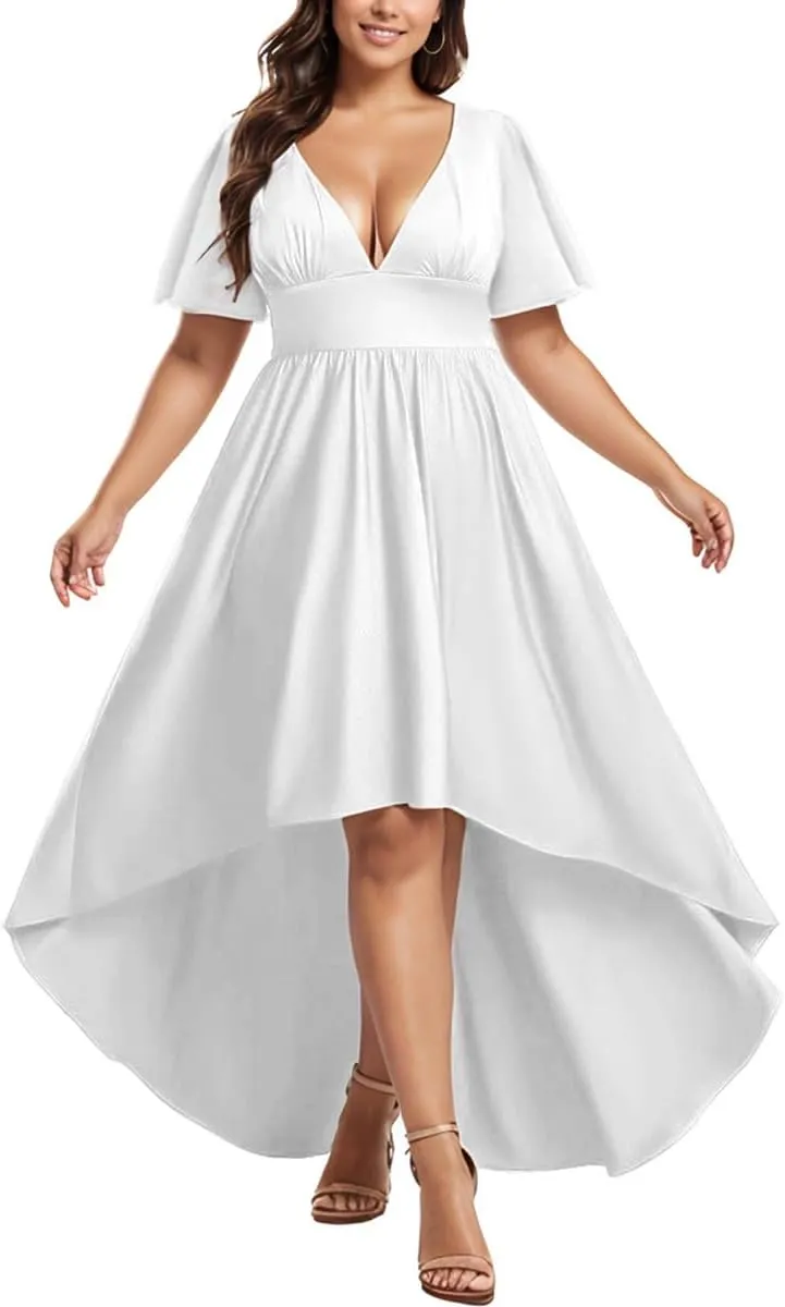 Elegant Dresses Formal Evening Cocktail Long Maxi Wedding Party Dress Sexy V Neck Ruffle Sleeve Hi Low Flowy Gowns