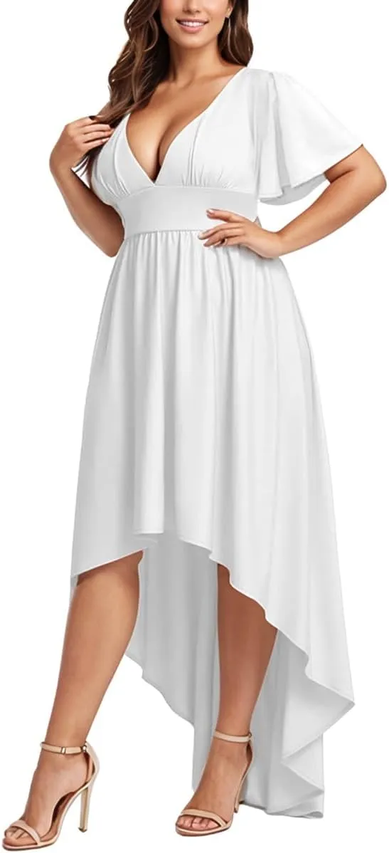 Elegant Dresses Formal Evening Cocktail Long Maxi Wedding Party Dress Sexy V Neck Ruffle Sleeve Hi Low Flowy Gowns