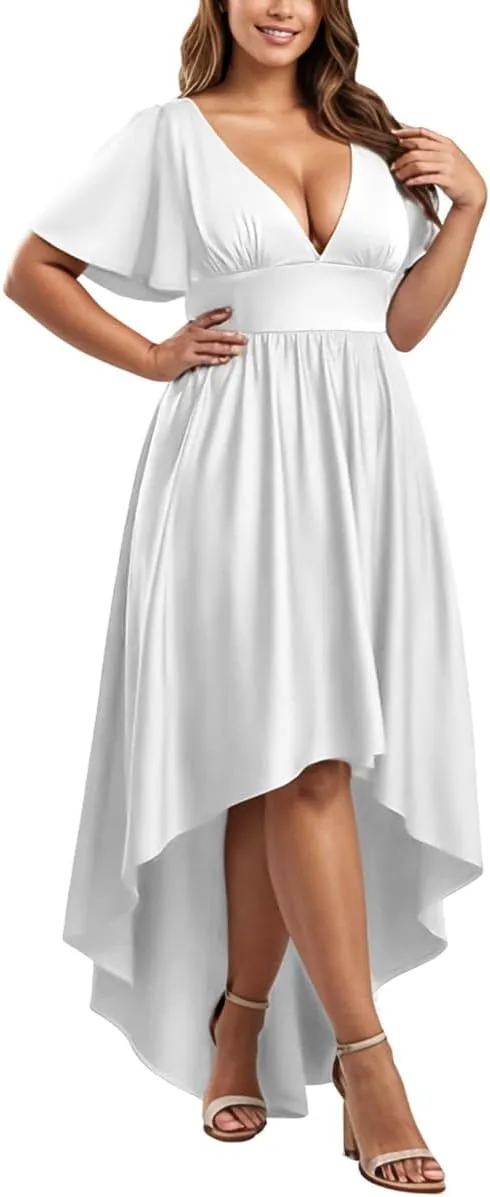 Elegant Dresses Formal Evening Cocktail Long Maxi Wedding Party Dress Sexy V Neck Ruffle Sleeve Hi Low Flowy Gowns