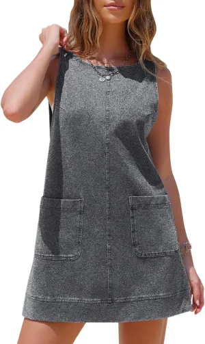 EXLURA Womens Sleeveless Denim Dress Casual Summer Crewneck A Line Overall Mini Dress Jean Jumper Pinafore with Pockets 2025