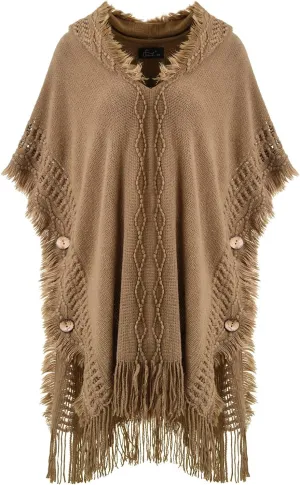 Ferand Women's Cable Knit Poncho Sweater Casual Hooded Pullover Ponchos with Decorative Buttons