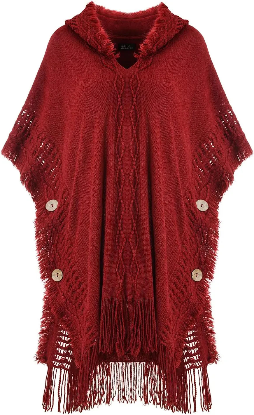 Ferand Women's Cable Knit Poncho Sweater Casual Hooded Pullover Ponchos with Decorative Buttons