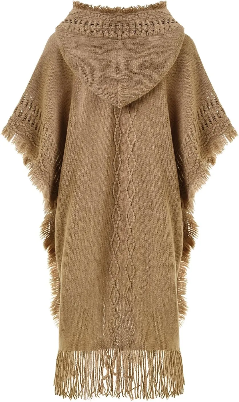 Ferand Women's Cable Knit Poncho Sweater Casual Hooded Pullover Ponchos with Decorative Buttons
