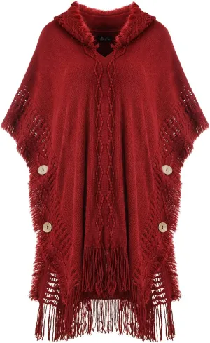 Ferand Women's Cable Knit Poncho Sweater Casual Hooded Pullover Ponchos with Decorative Buttons
