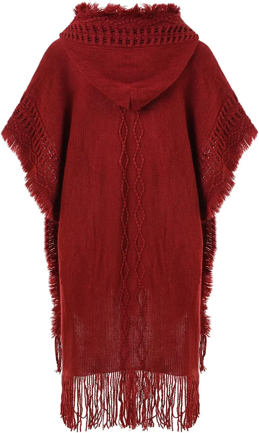Ferand Women's Cable Knit Poncho Sweater Casual Hooded Pullover Ponchos with Decorative Buttons