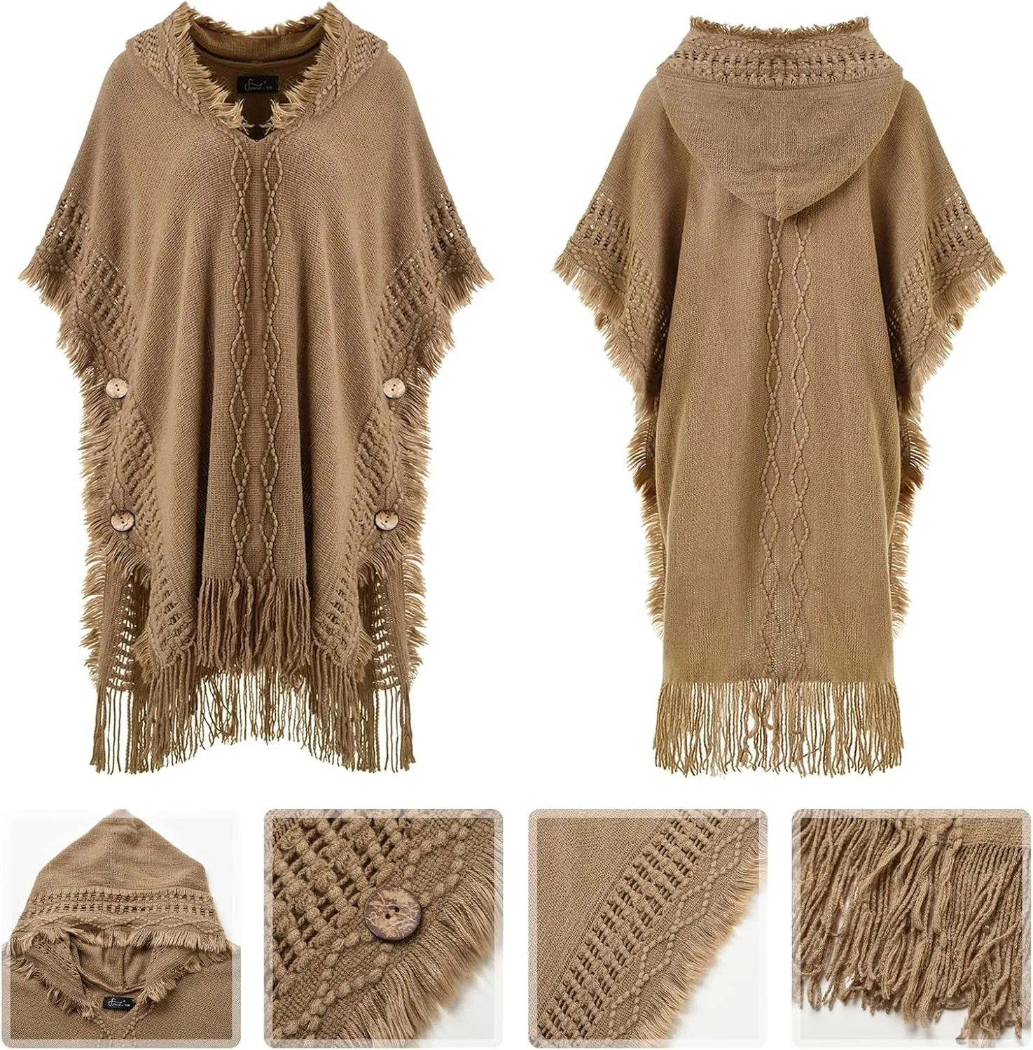 Ferand Women's Cable Knit Poncho Sweater Casual Hooded Pullover Ponchos with Decorative Buttons