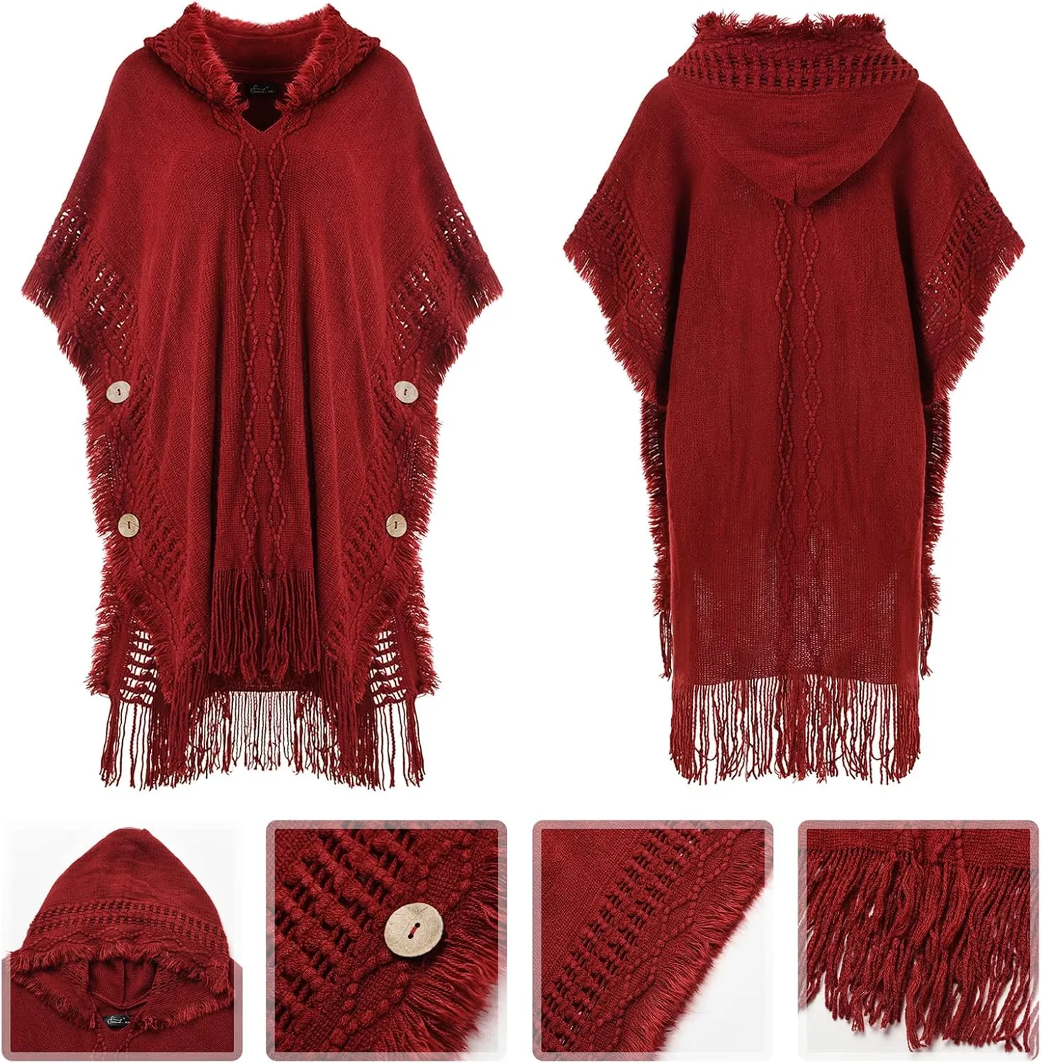 Ferand Women's Cable Knit Poncho Sweater Casual Hooded Pullover Ponchos with Decorative Buttons