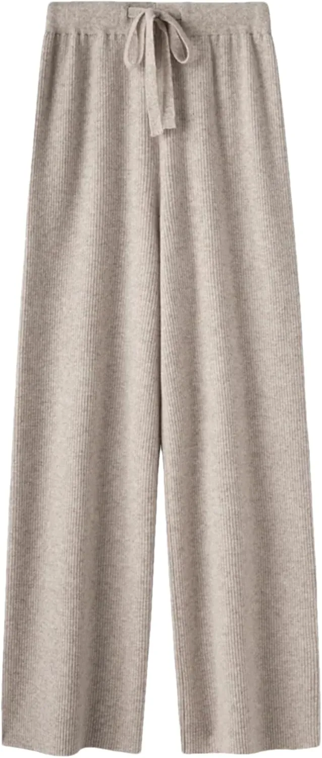 Hndudnff Women Wool Knitted Wide Leg Pants Winter Casual Loose Ribs Soft Floor Length Trousers