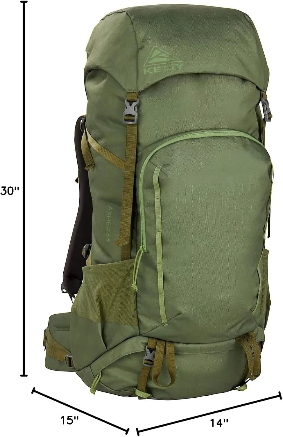 Kelty Asher Day Hiking Pack, 18-85 Liter Capacity, Hiking, Backpacking, Travel Pack, Internal Frame 2023 Model (65L Winter Moss)