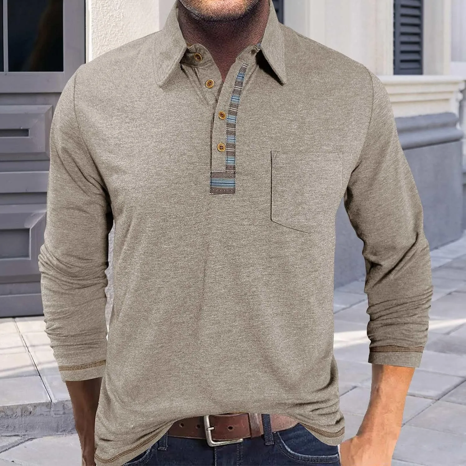 Long Sleeve Polo Shirts for Men Button Up Cotton Casual Golf Polos Shirt with Pocket Camiseta Manga Larga para Hombre