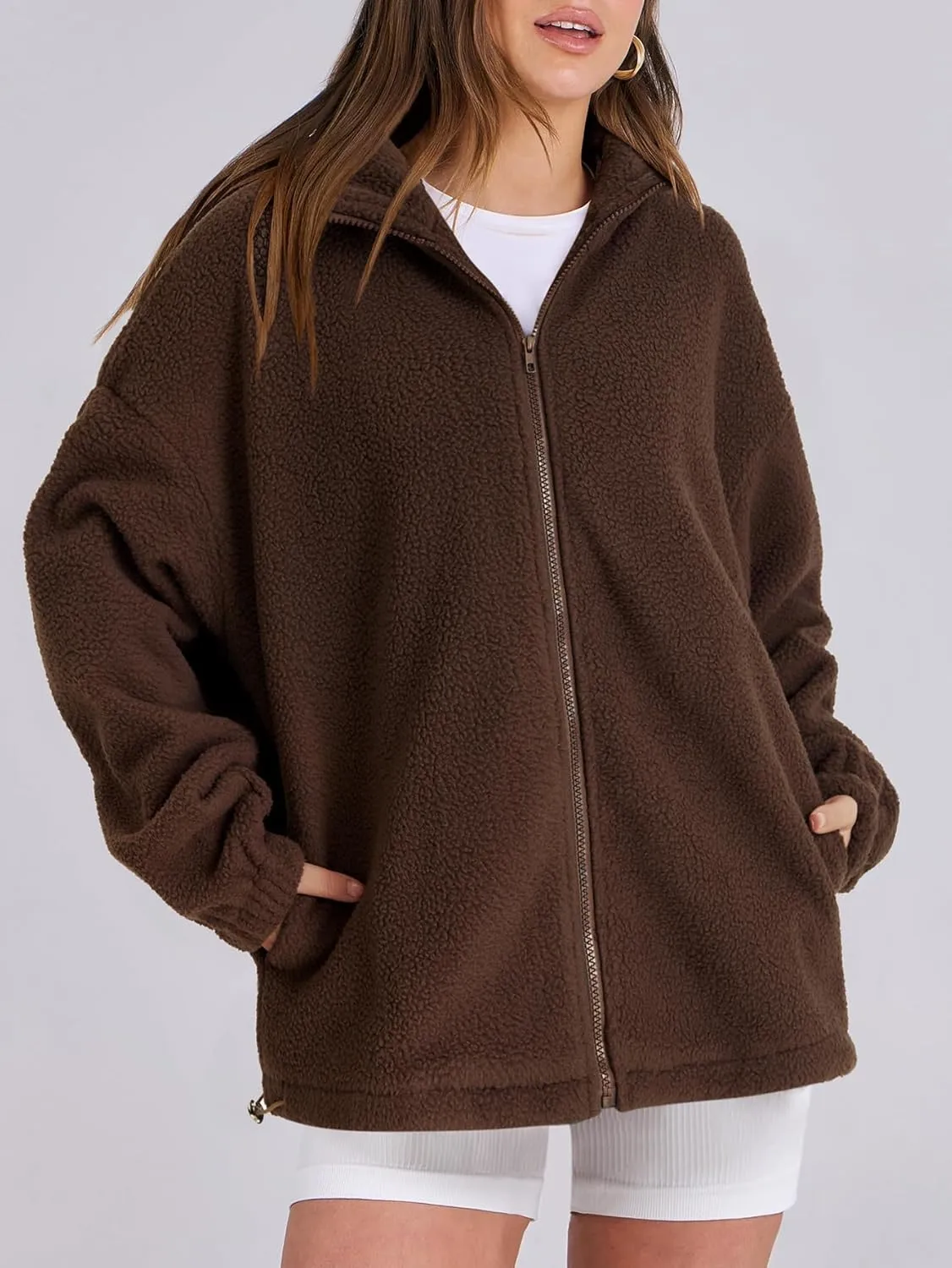 LYANER Women's Full Zip Fleece Lapel Long Sleeve Fuzzy Sherpa Jacket Warm Teddy Coat with Pockets