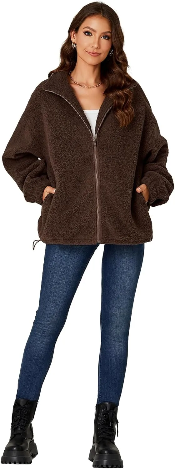 LYANER Women's Full Zip Fleece Lapel Long Sleeve Fuzzy Sherpa Jacket Warm Teddy Coat with Pockets