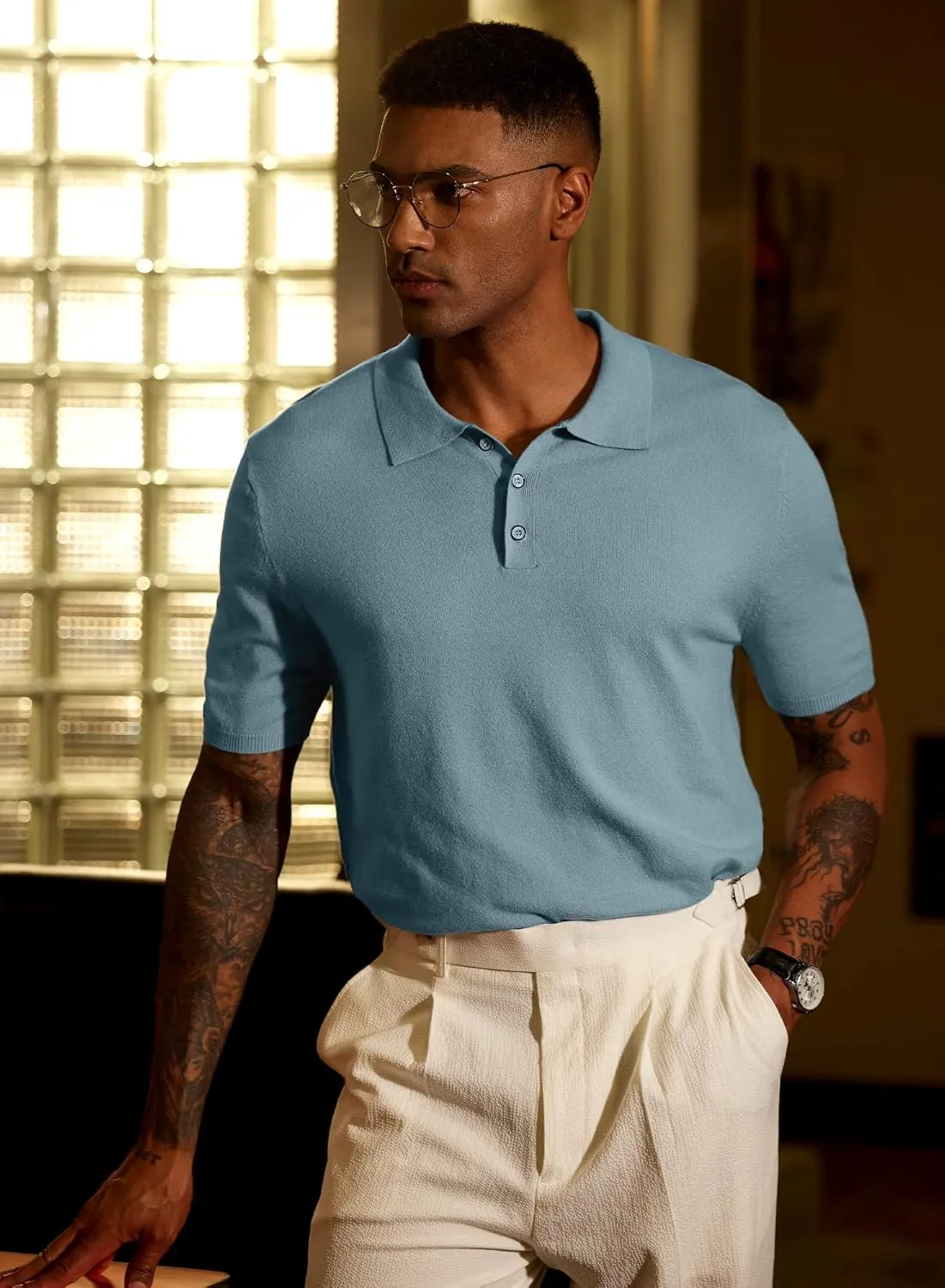 Mainfini Mens Knit Button Polo Shirts Vintage 70s Golf Shirt Casual Beach Vacation Outfit