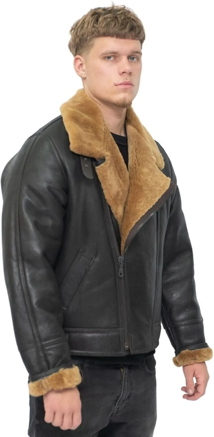 Mens Aviator B3 Flying Cross Zip Shearling Leather Bomber Pilot Jacket
