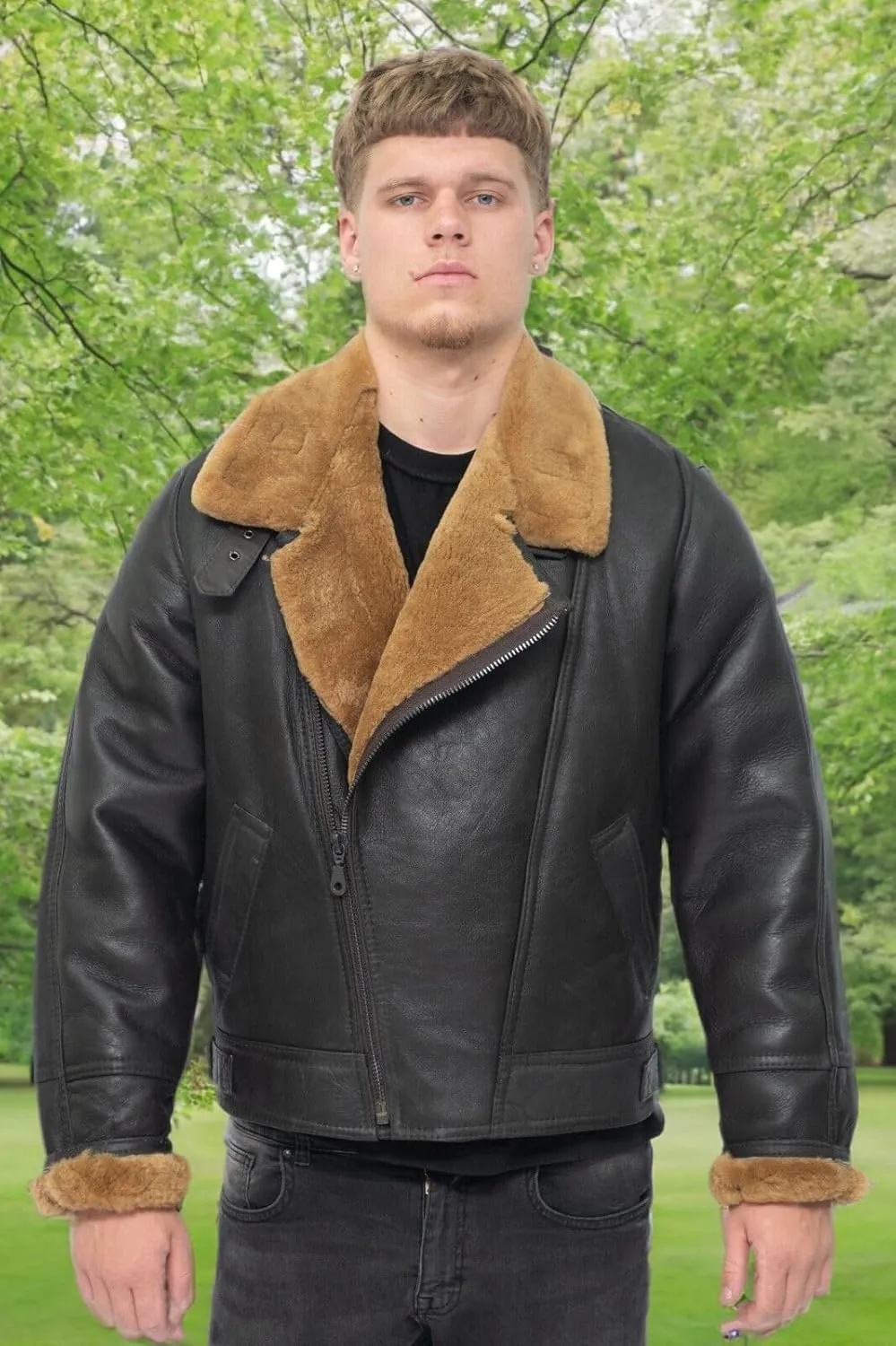 Mens Aviator B3 Flying Cross Zip Shearling Leather Bomber Pilot Jacket