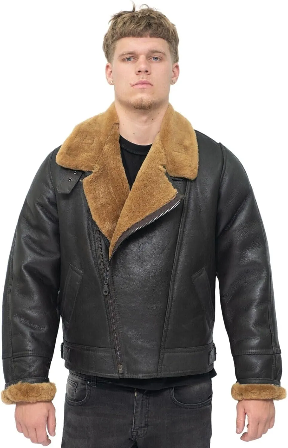 Mens Aviator B3 Flying Cross Zip Shearling Leather Bomber Pilot Jacket
