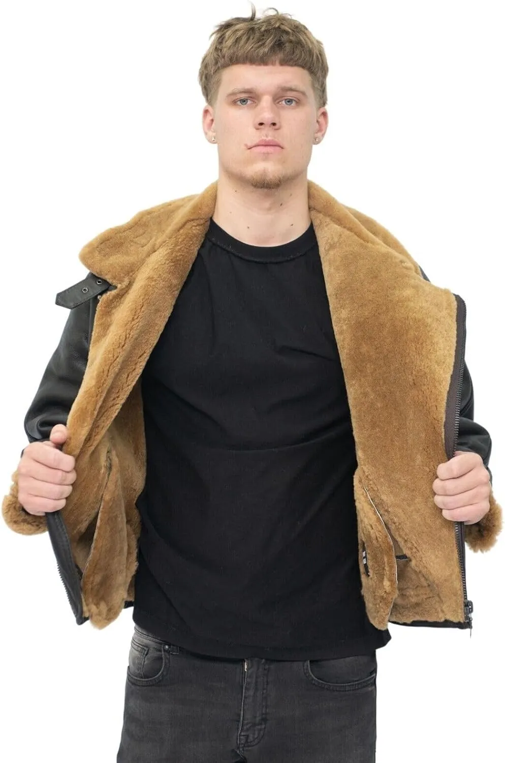 Mens Aviator B3 Flying Cross Zip Shearling Leather Bomber Pilot Jacket