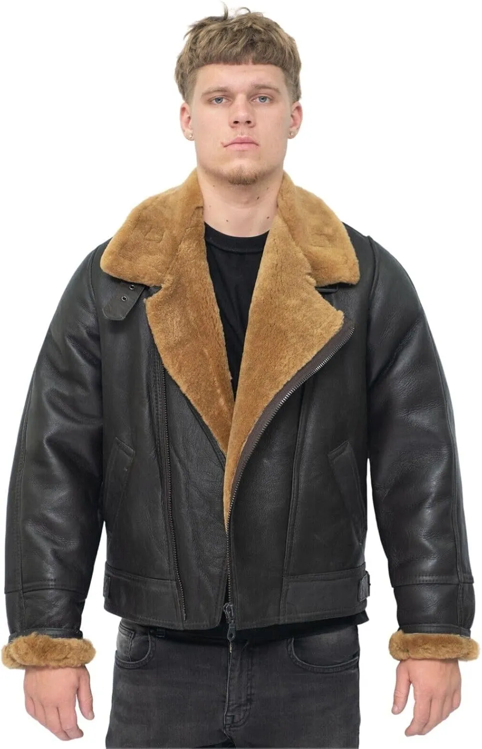 Mens Aviator B3 Flying Cross Zip Shearling Leather Bomber Pilot Jacket