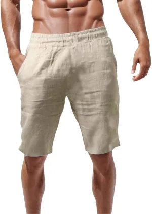 Mens Cotton Linen Shorts Casual Elastic Waist Lightweight Vacation Summer Beach Shorts with Pockets