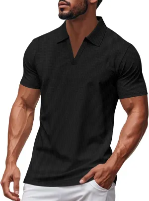 Mens Mulscle Polo Shirts V Neck Casual Slim Fit Stretch Short Sleeve T Shirt Solid Textured Golf Work Summer Tops
