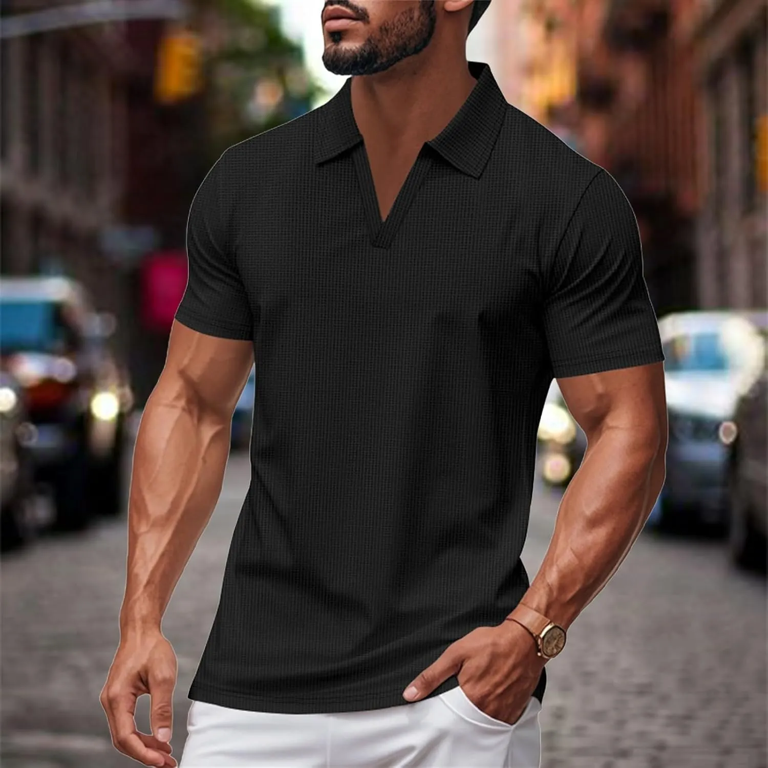 Mens Mulscle Polo Shirts V Neck Casual Slim Fit Stretch Short Sleeve T Shirt Solid Textured Golf Work Summer Tops