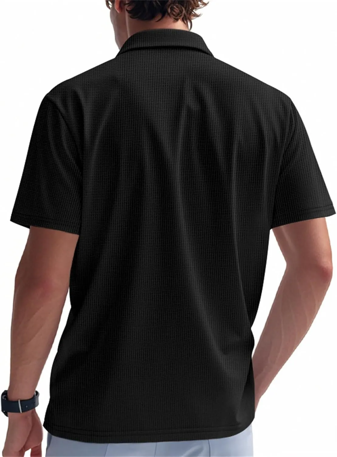 Mens Mulscle Polo Shirts V Neck Casual Slim Fit Stretch Short Sleeve T Shirt Solid Textured Golf Work Summer Tops